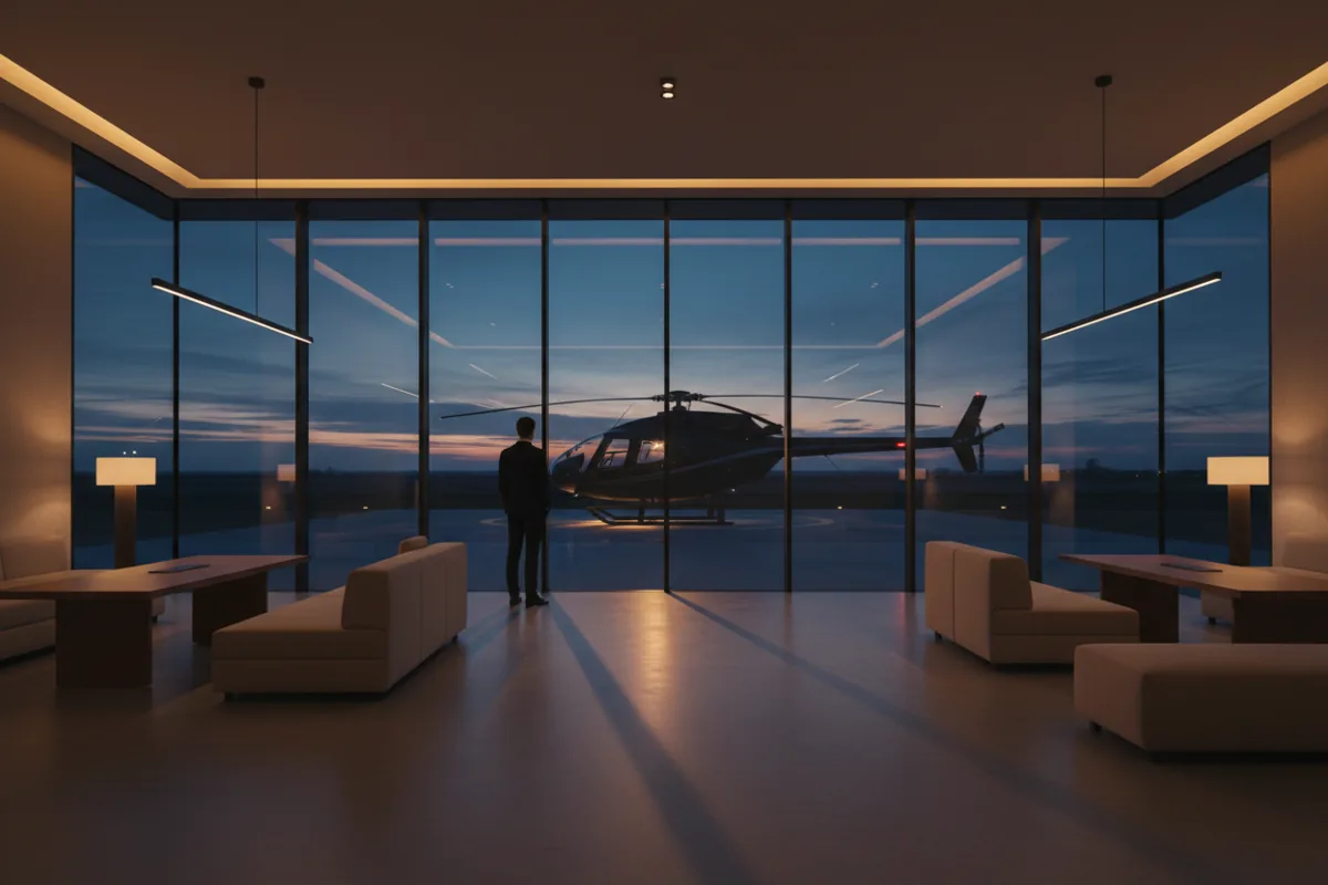 A modern passenger lounge with a view of a helicopter on a helipad at dusk.