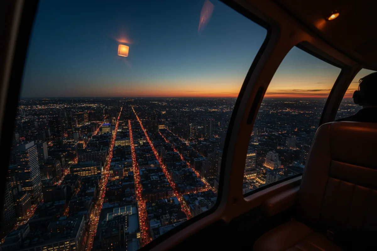 An aerial view of New York City traffic at night from a helicopter window.