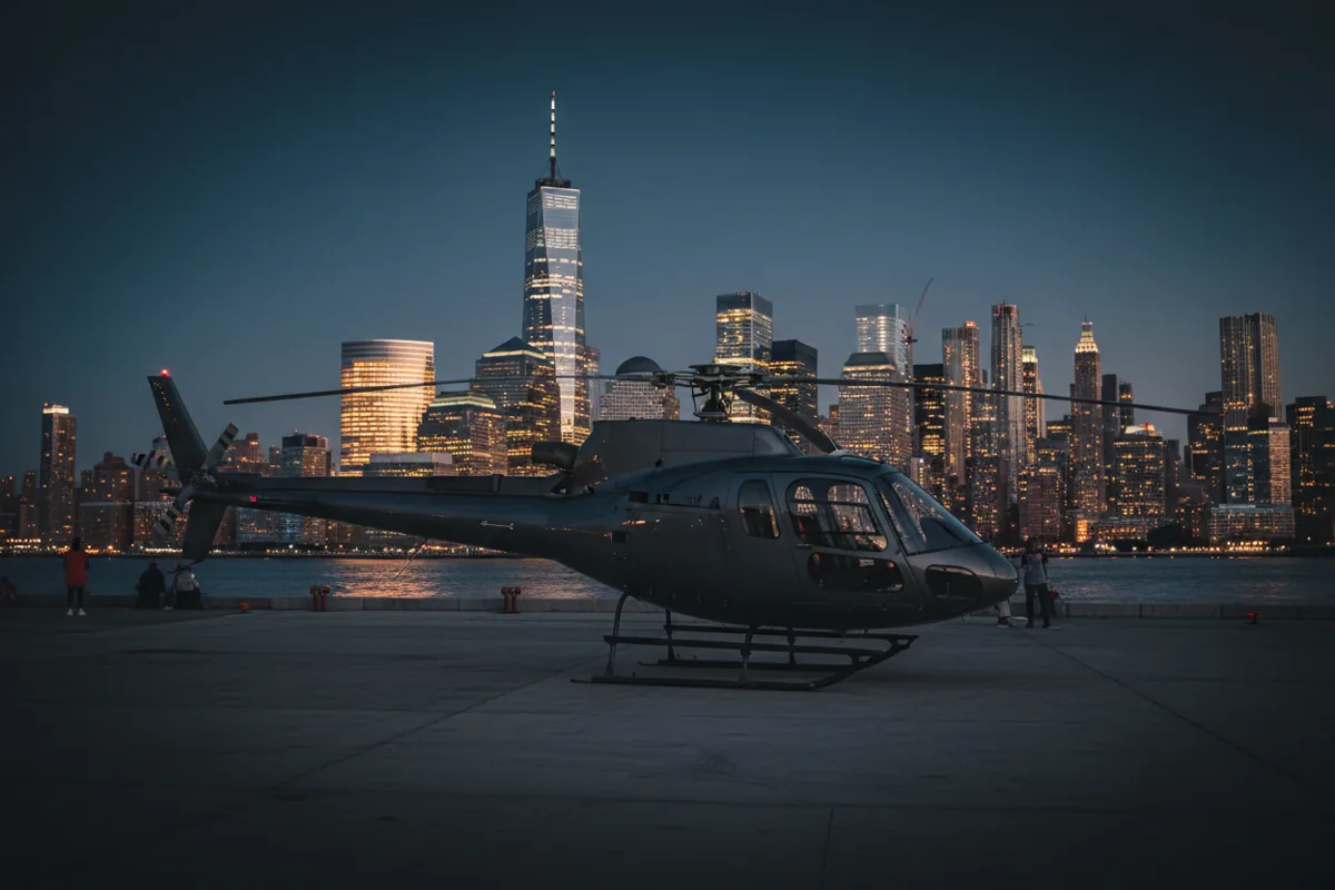 A twin-engine helicopter parked on a waterfront heliport pier with the Lower Manhattan skyline and One World Trade Center lit at blue hour.
