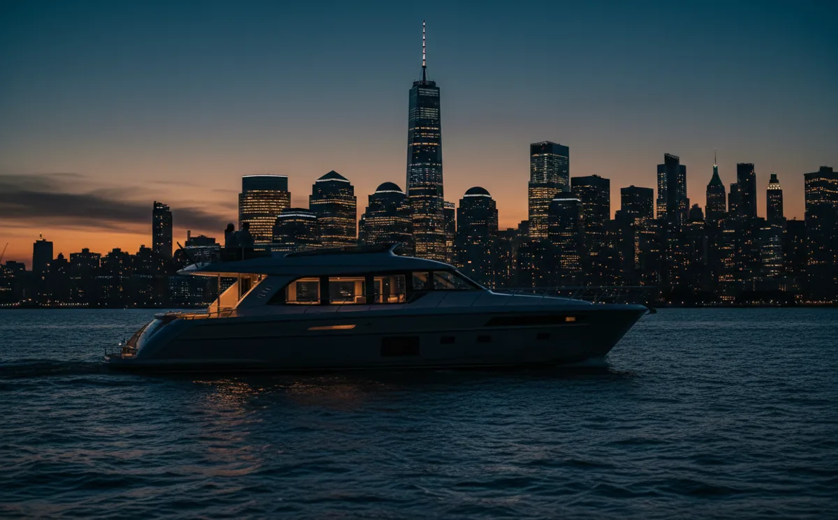 A luxury yacht sails on the Hudson River at dusk, with the Lower Manhattan skyline in the background.