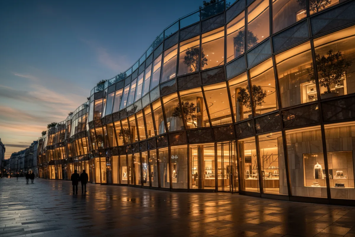 The illuminated storefront of a luxury boutique on a city street at twilight.