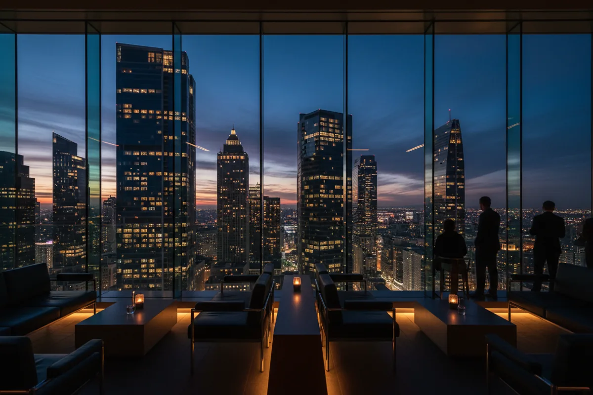 A view of the city skyline at night from a luxurious, modern rooftop bar.