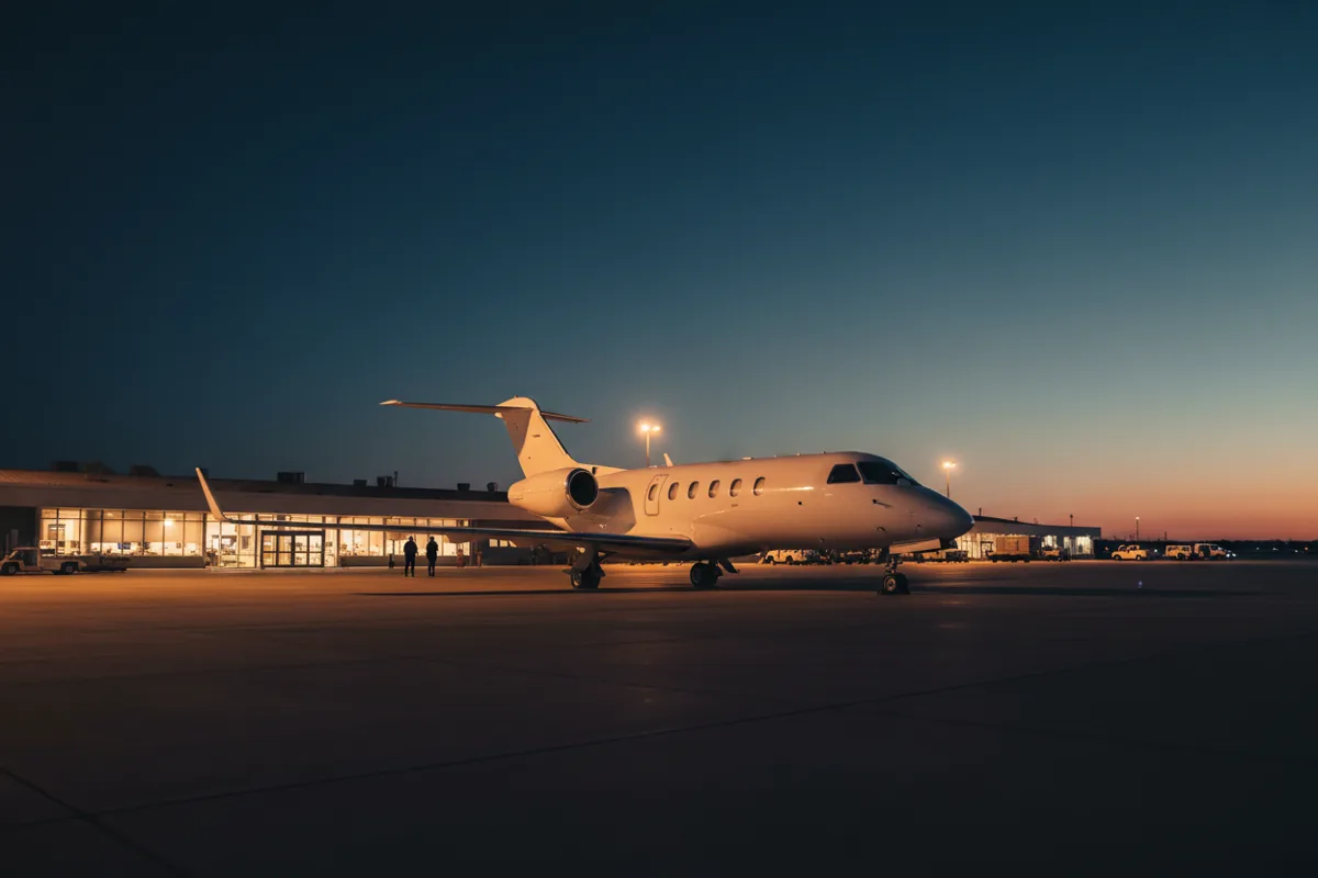 A small very light business jet parked on a regional airport apron at dusk.