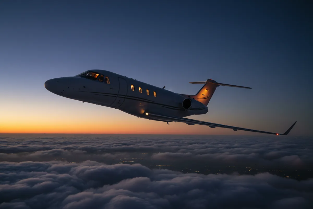 A private jet flying above the clouds at sunset.