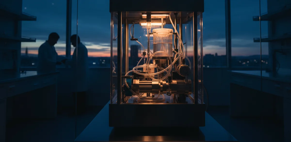 A hypothermic machine perfusion device for organ preservation glowing in a dark, modern laboratory.