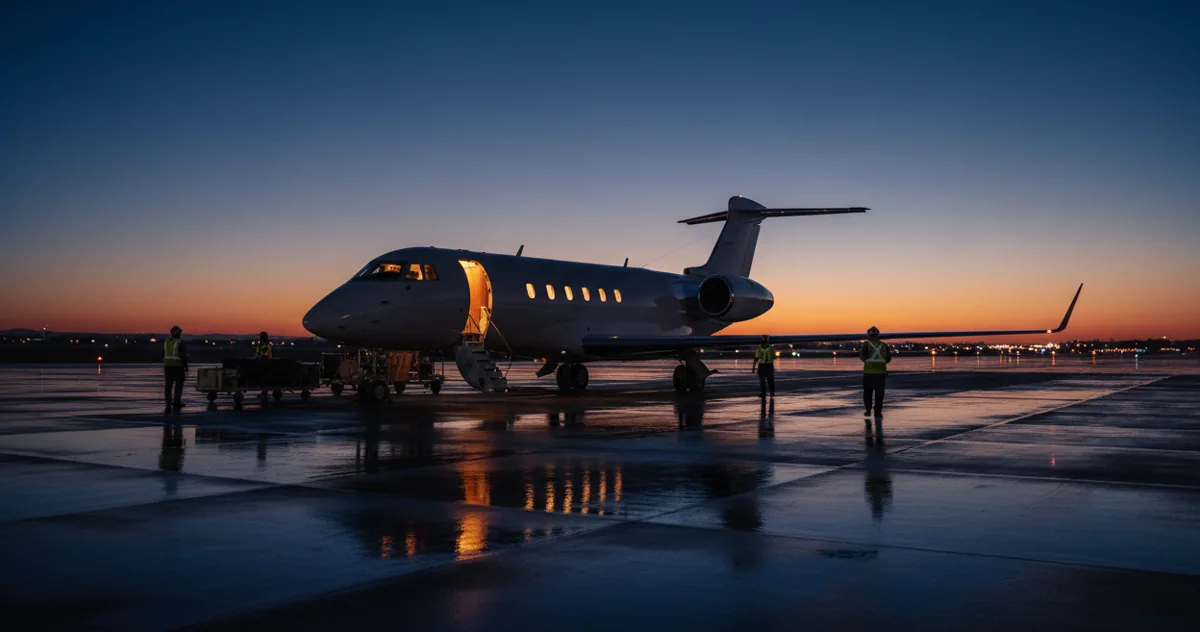 A private jet on an airport tarmac at dusk, being prepared for a flight.