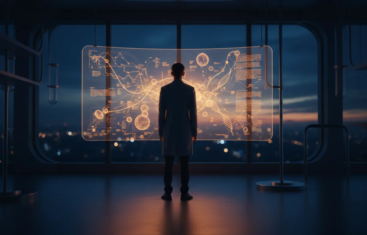 A researcher in a futuristic lab looks at glowing data on a large transparent screen.