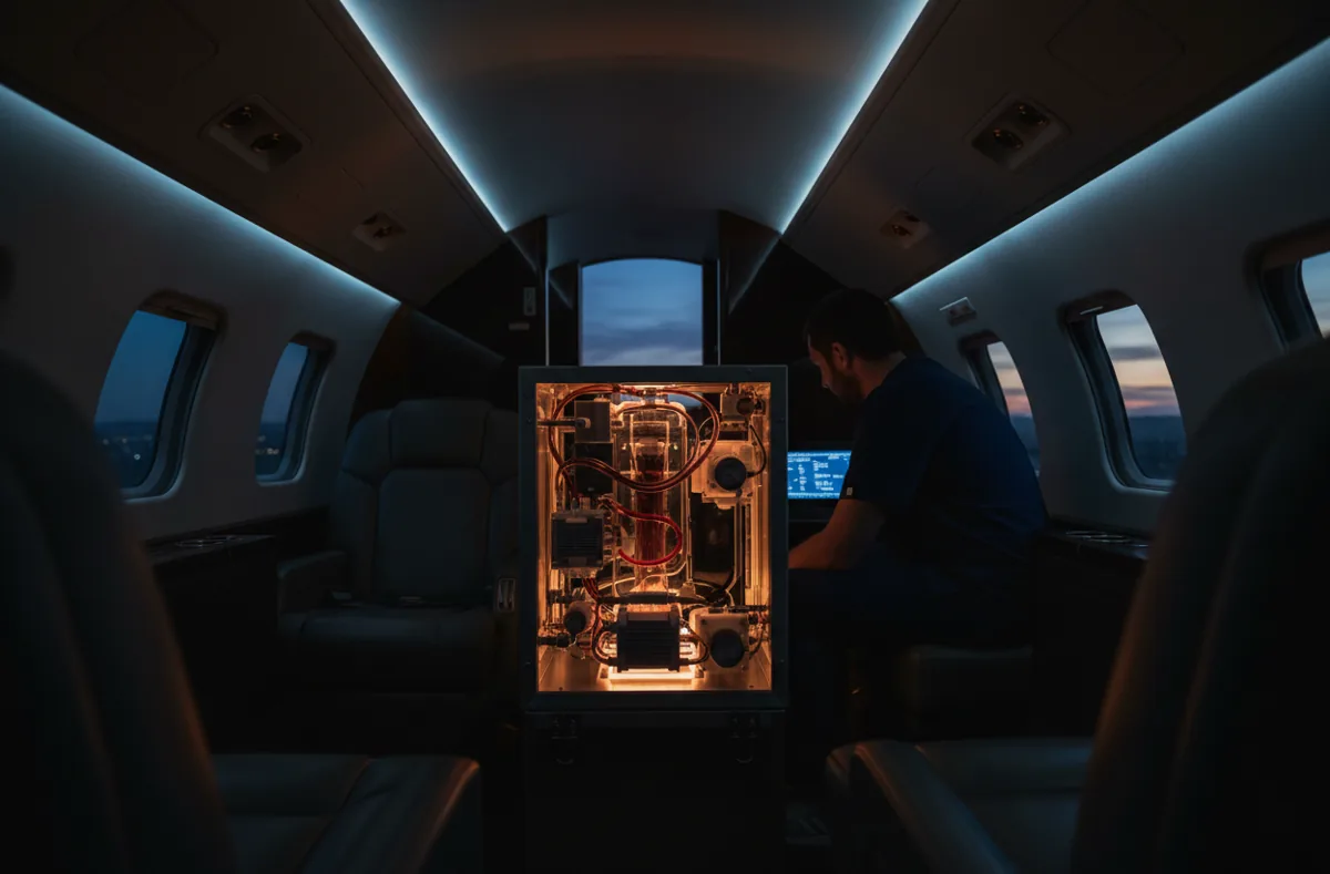 A glowing, high-tech portable organ perfusion system being monitored by a medical technician inside an aircraft.
