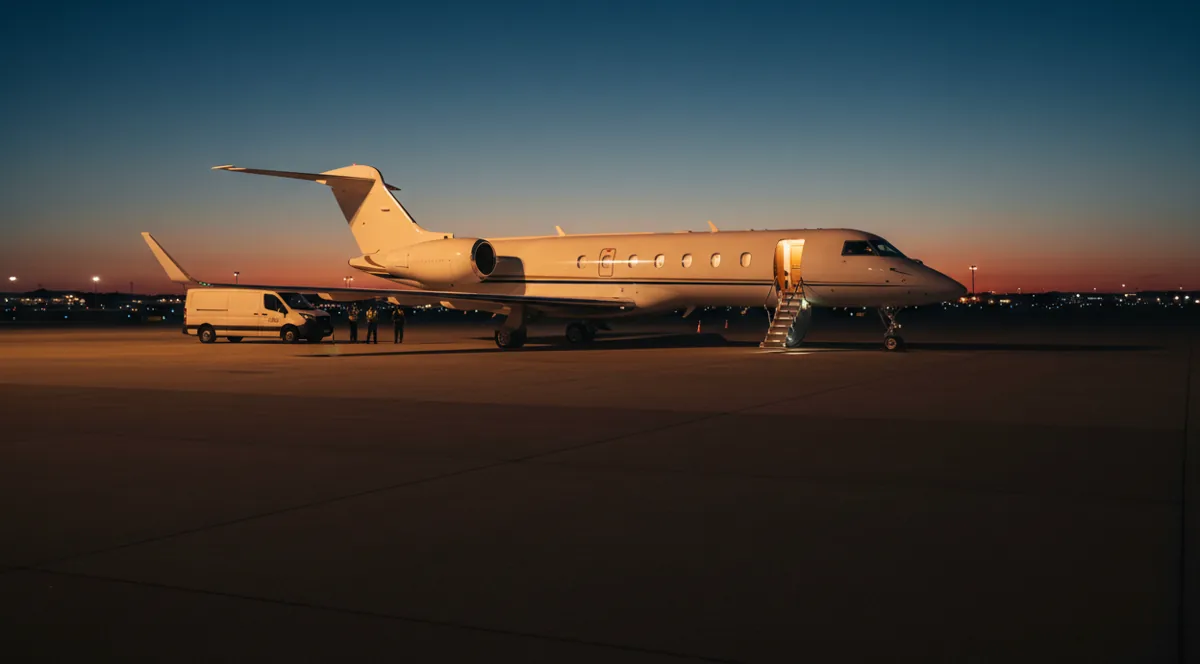 A midsize business jet with its airstair lowered waits on a night apron beside an unmarked white van.