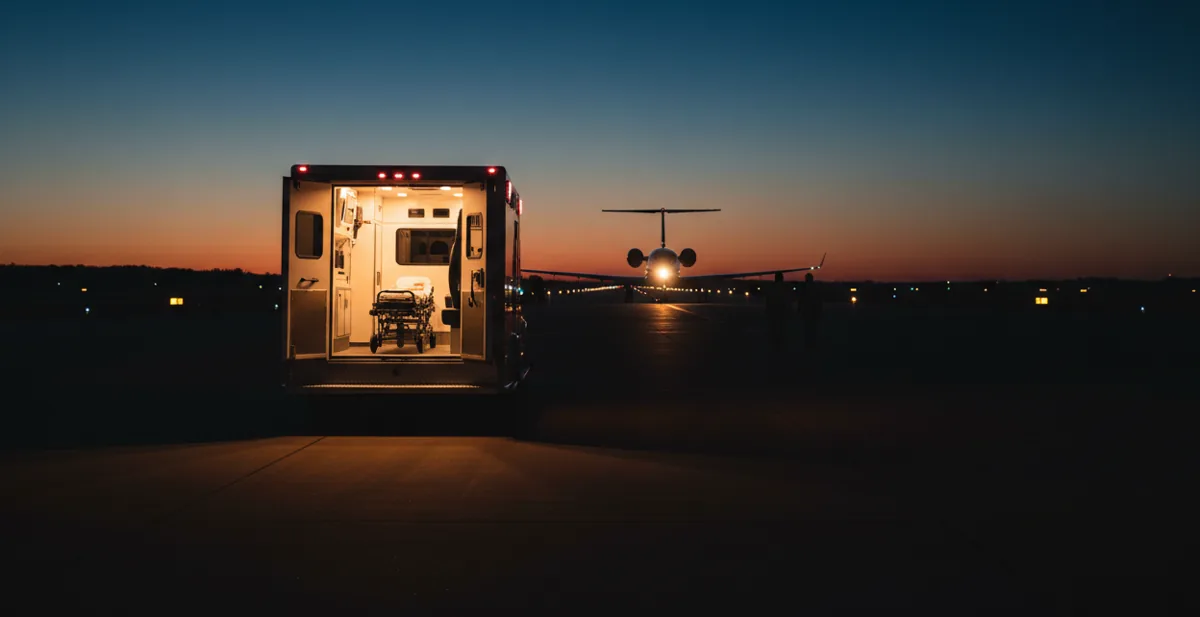 An ambulance with open doors waits on an airfield at dusk as a private jet lands in the background.