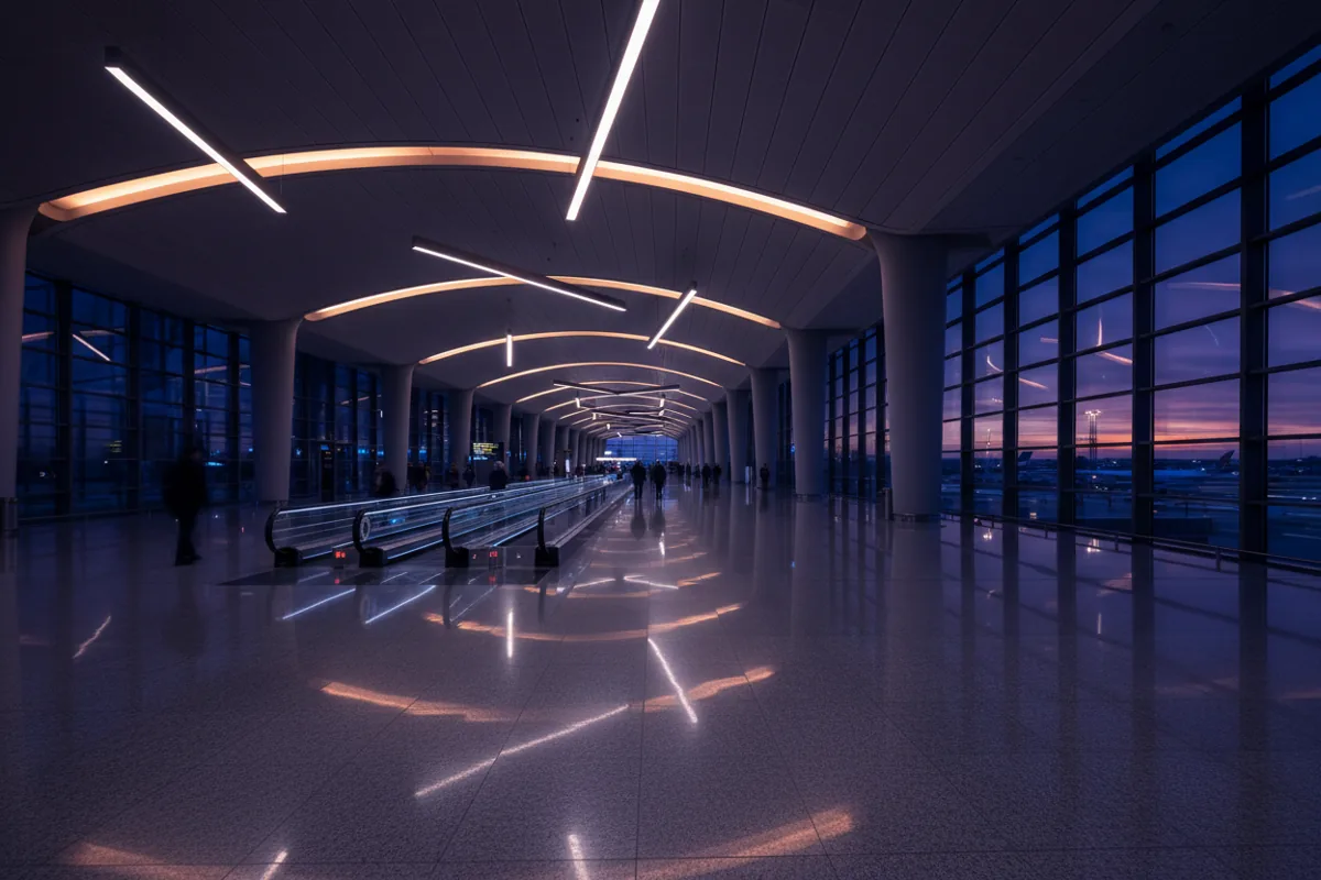 Travelers on a moving walkway inside a spacious, modern airport terminal at night.