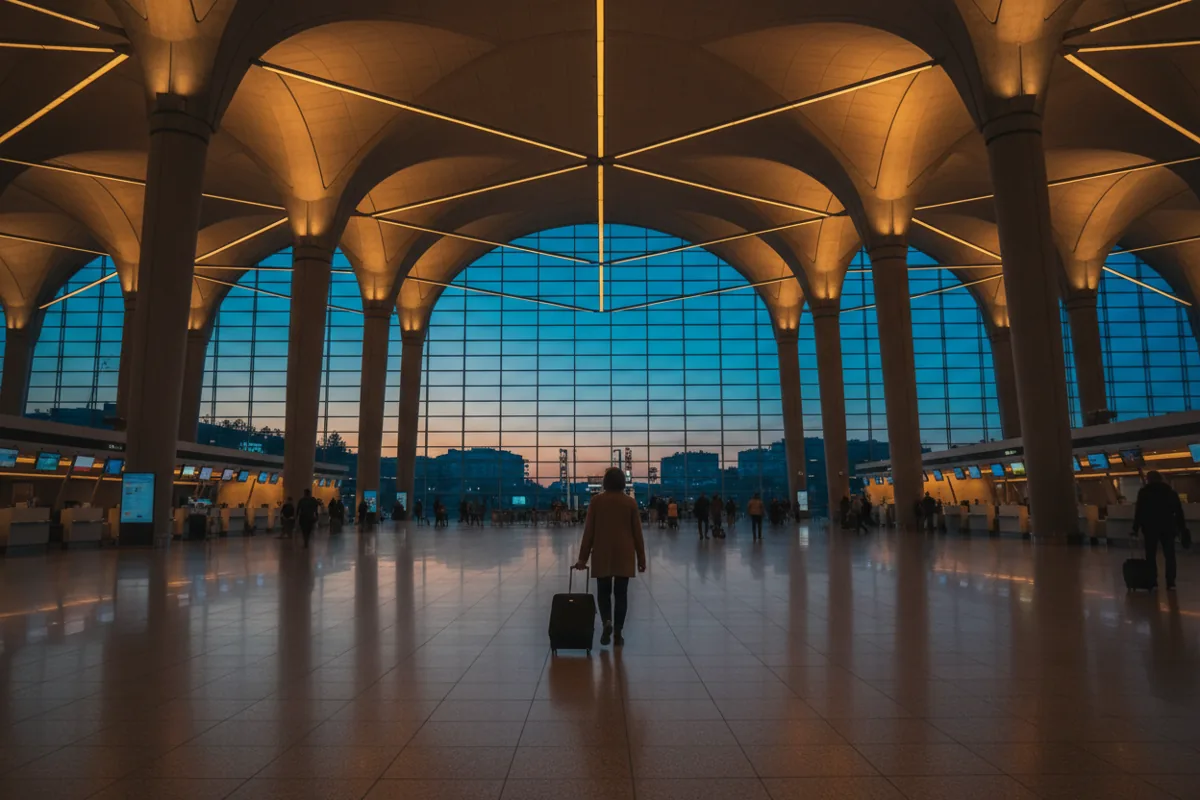 A traveler with a suitcase walks through a large, modern airport check-in hall at twilight.