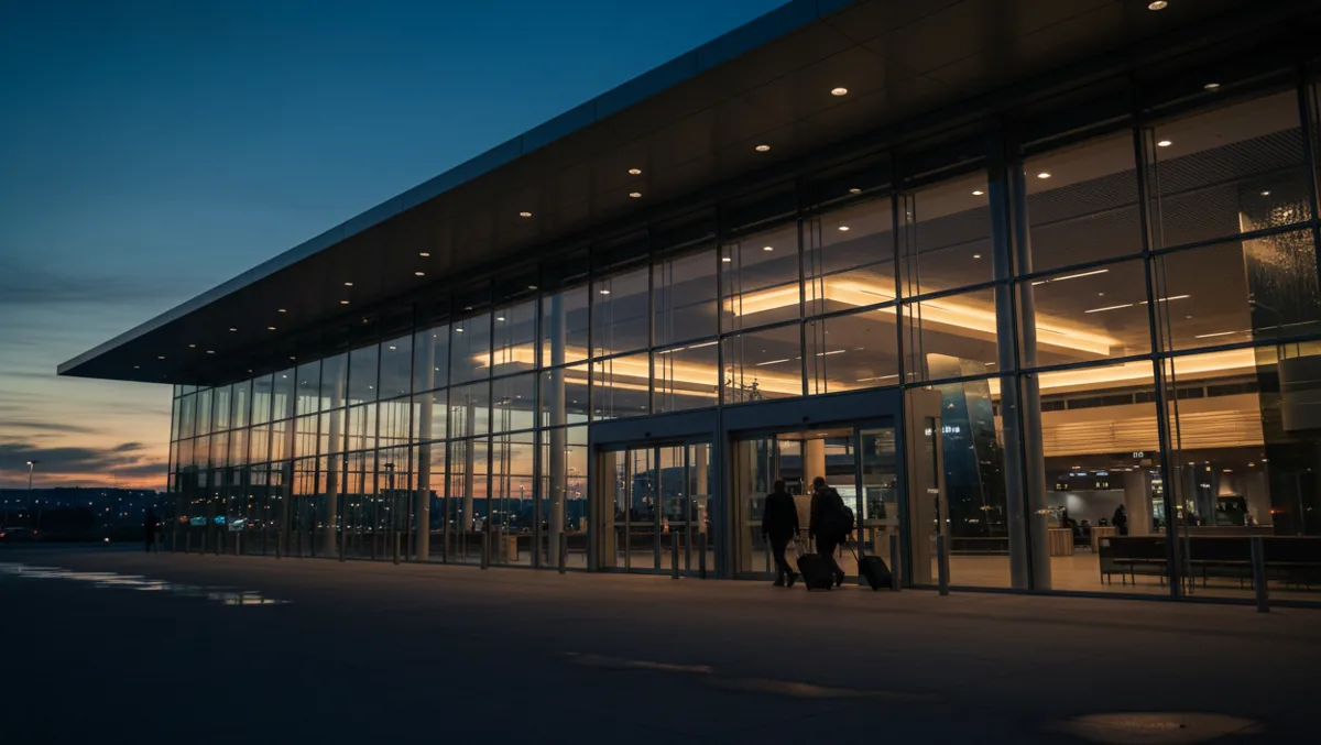 The modern exterior of an airport terminal at dusk, with travelers entering.