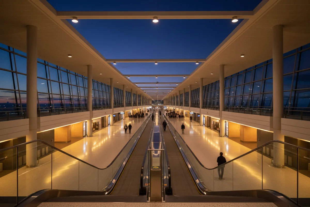 A wide, modern airport concourse with moving walkways and glowing lights at dusk.