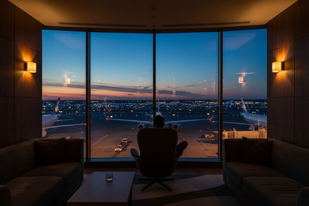 A person silhouetted in a quiet airport lounge overlooking the tarmac at dusk.
