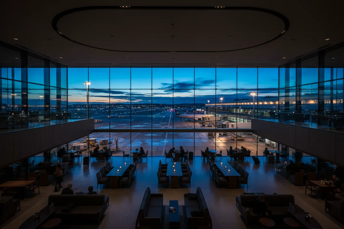 A luxurious, modern airport lounge with large windows overlooking the tarmac at twilight.