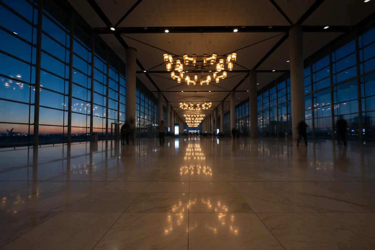 A wide, modern airport concourse with gleaming floors and blurred figures of travelers at dusk.