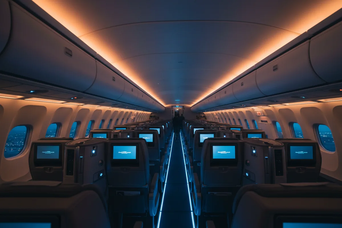 Empty business class cabin on an Aeromexico plane with lie-flat seats and soft ambient lighting.