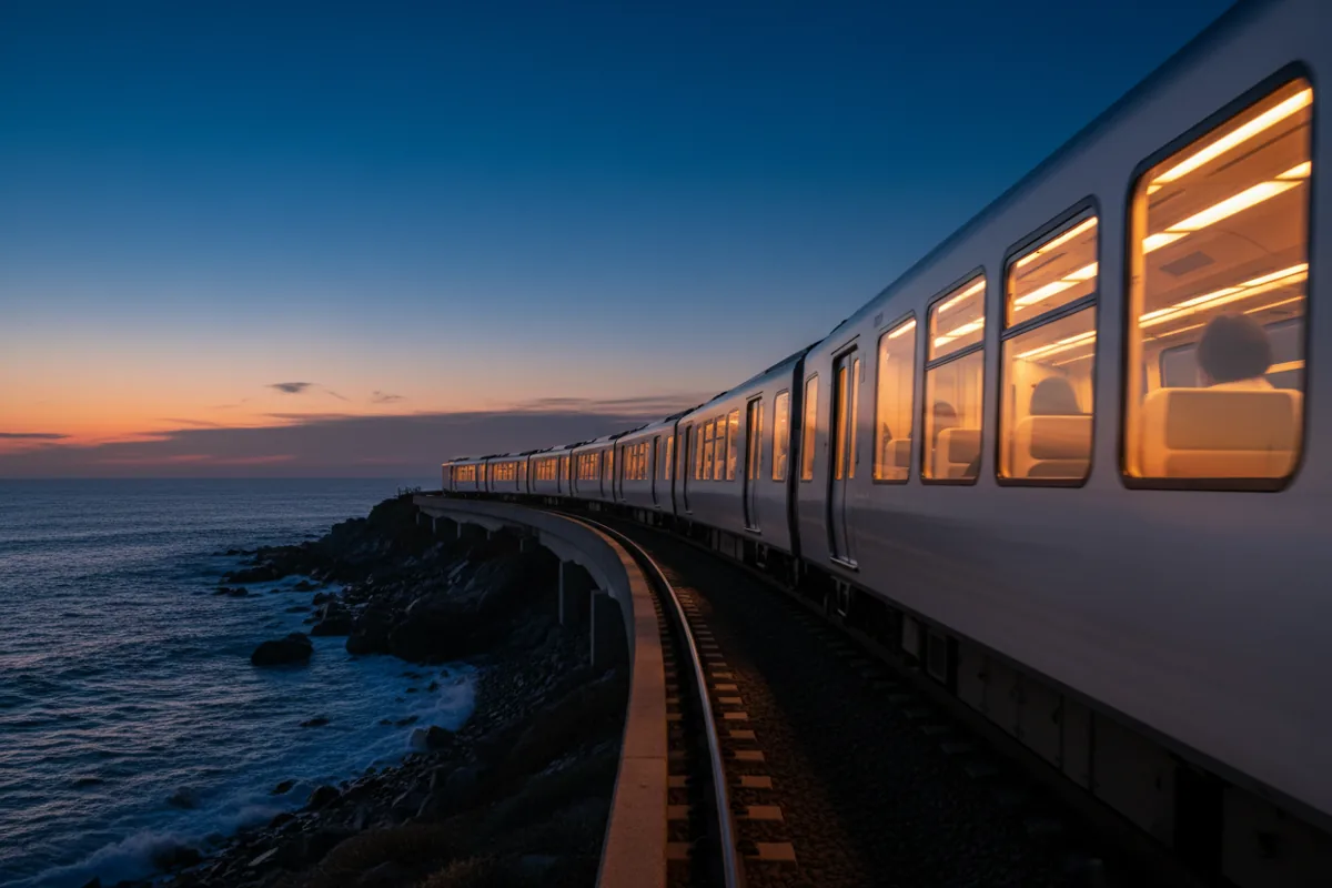 A modern train travels through a coastal area at blue hour, its windows glowing warmly.