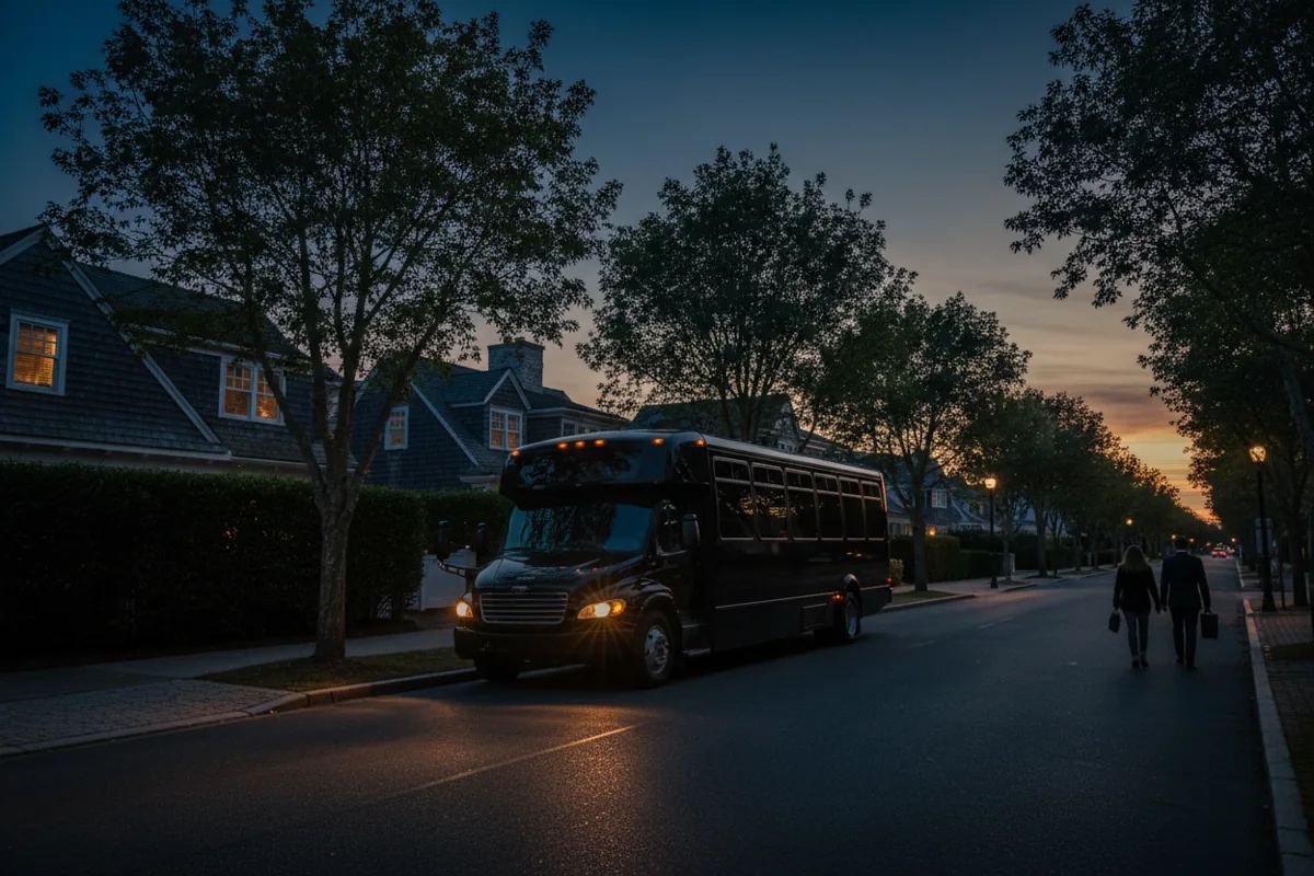 A luxury shuttle bus is parked on a quiet street in a village at dusk.