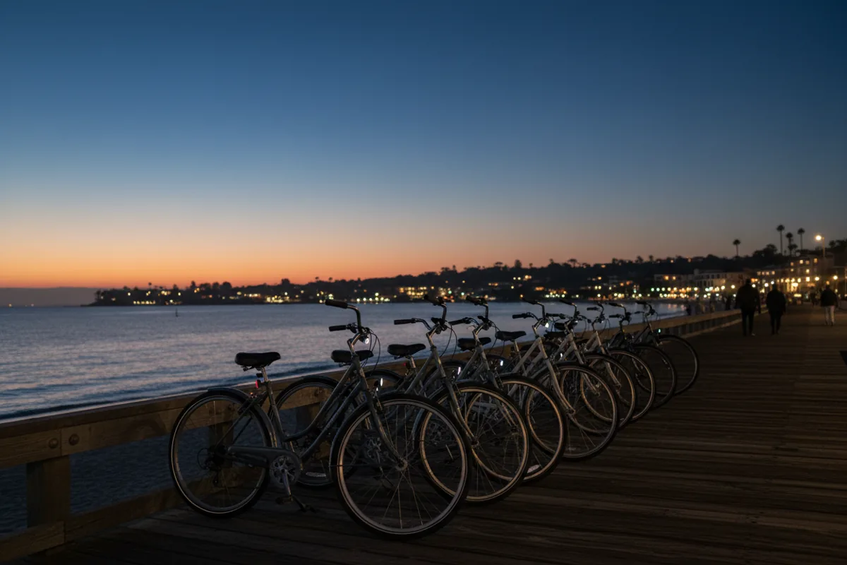 Bicycles parked on a boardwalk overlooking the water in the Hamptons at twilight.