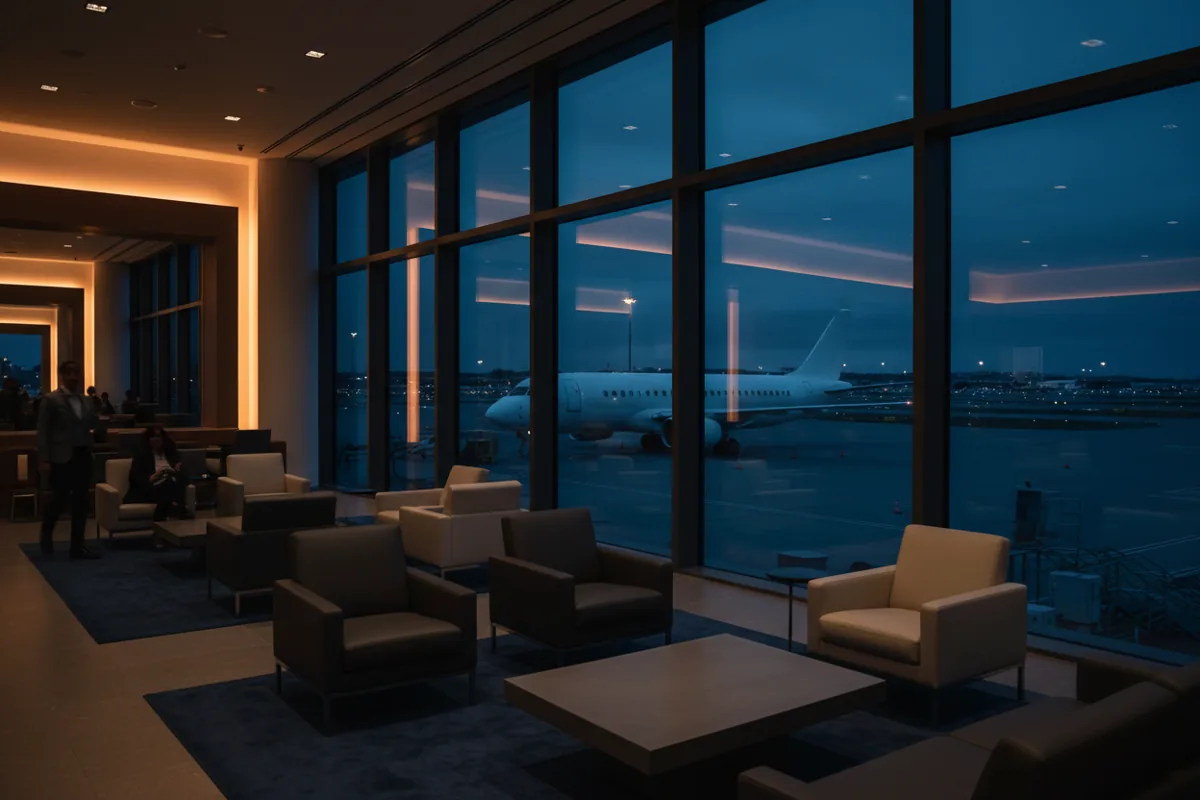 A modern airport lounge with large windows overlooking the tarmac and an airplane at dusk.