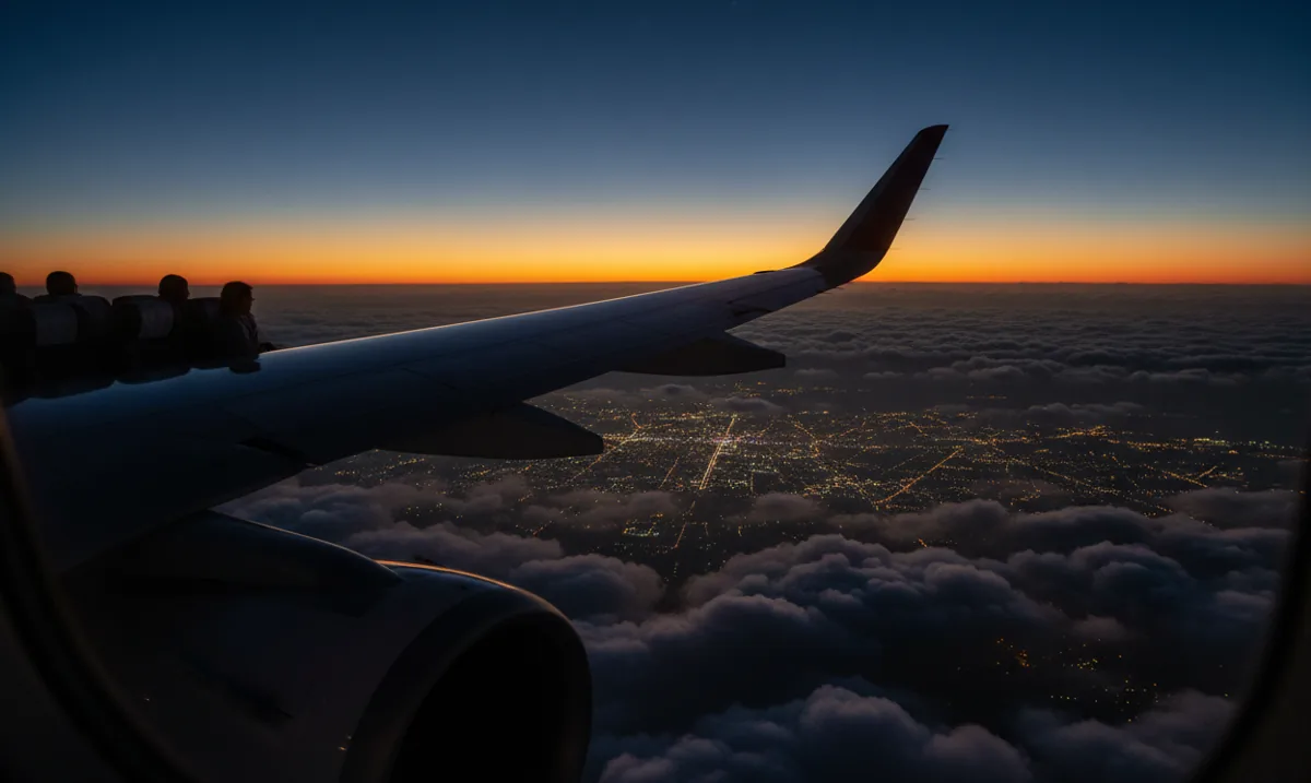 View from an airplane window at dusk, showing the wing over clouds and distant city lights.