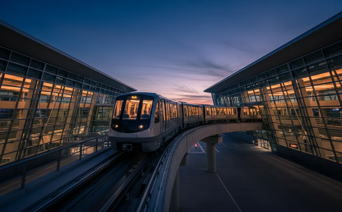 An elevated airport shuttle train moving between terminals at dusk.