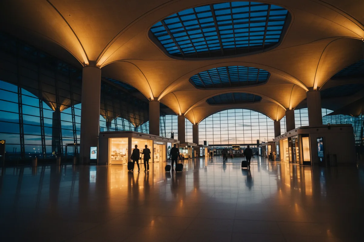 The spacious, modern interior of an airport terminal concourse at night, with a few people walking.
