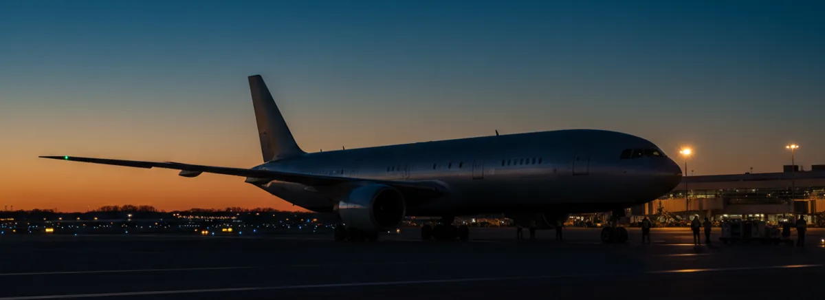 An Air Canada airplane parked on the tarmac at LaGuardia Airport, bathed in the soft light of sunrise.