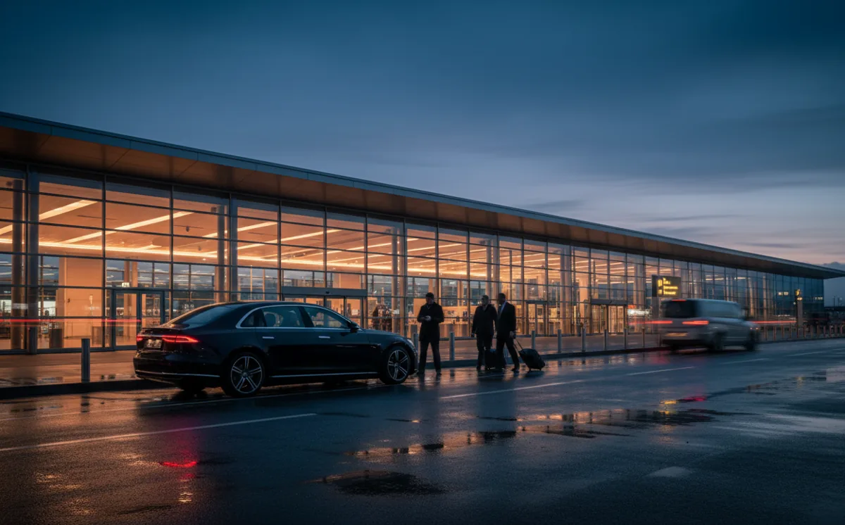 A black luxury car waiting at the curb outside an airport terminal entrance at twilight.