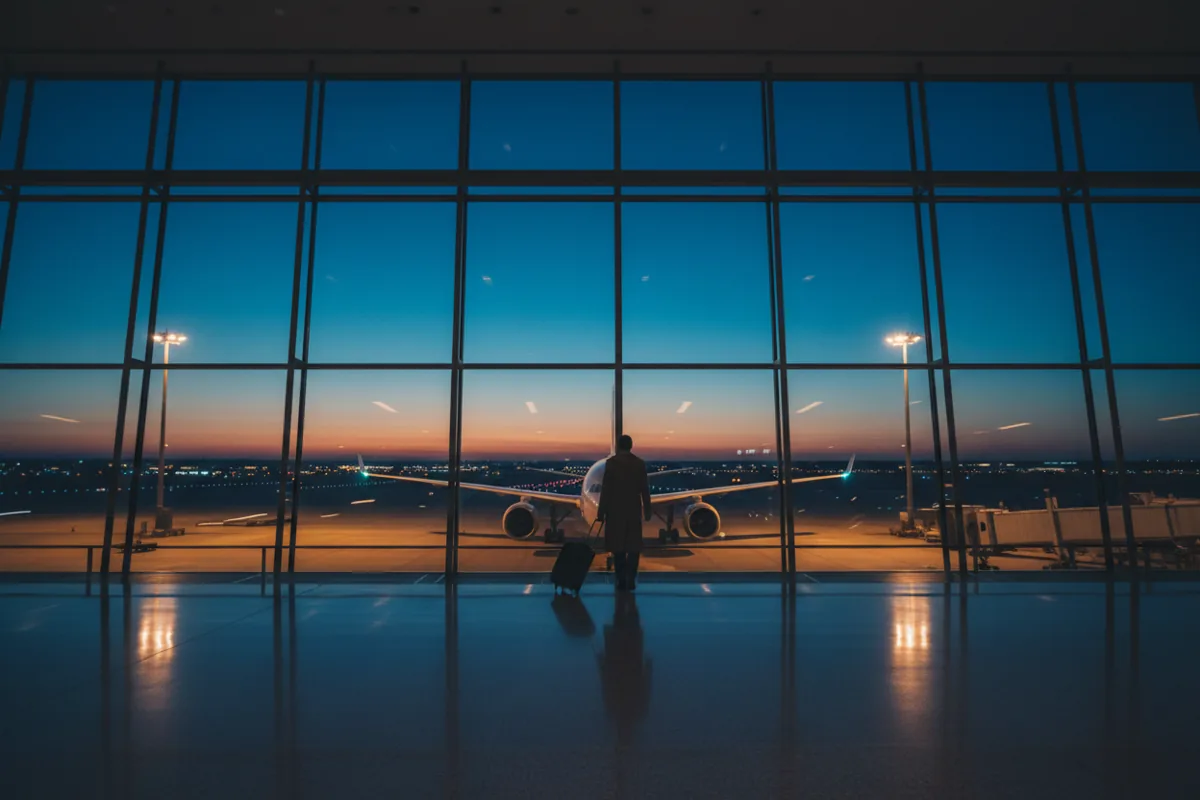 A traveler with a suitcase walks through a modern airport terminal at dusk.
