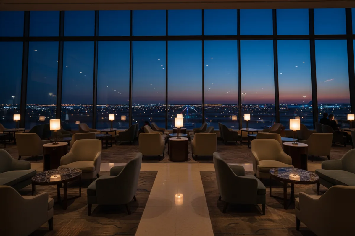 An empty, modern airport lounge with comfortable seating and warm lighting at night.