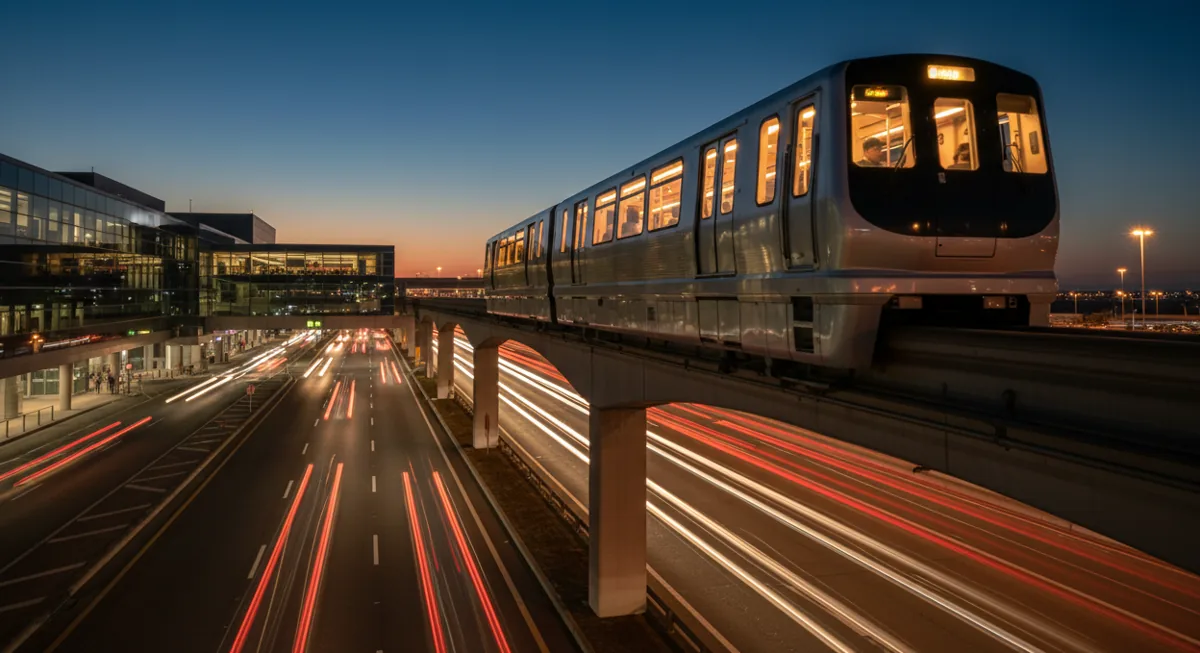 An airport monorail train travels on an elevated track above airport roadways at dusk.