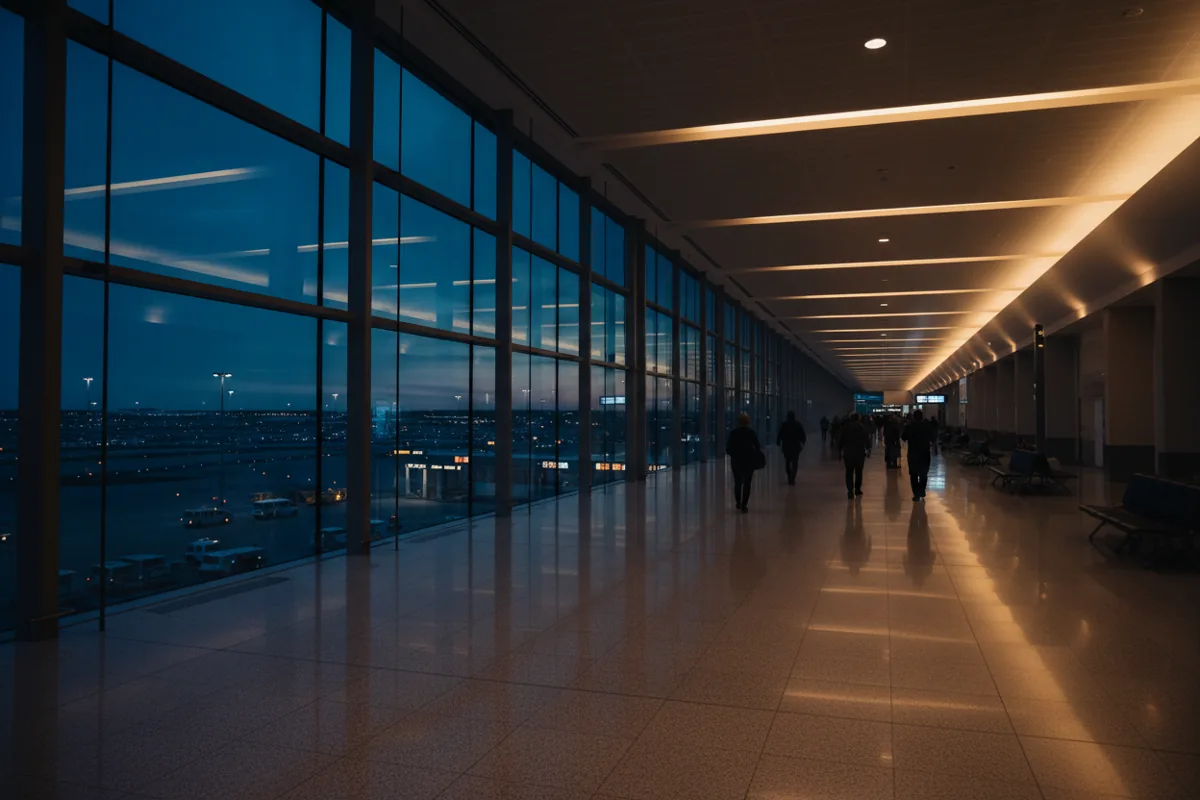 A spacious, modern airport terminal concourse at dusk with large windows overlooking the tarmac.