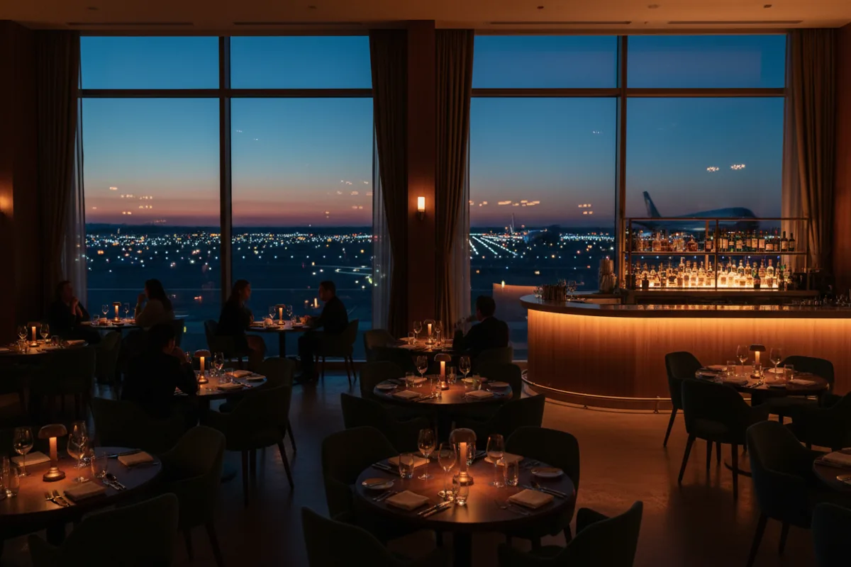 An upscale airport restaurant with warm lighting and a view of the runway at twilight.