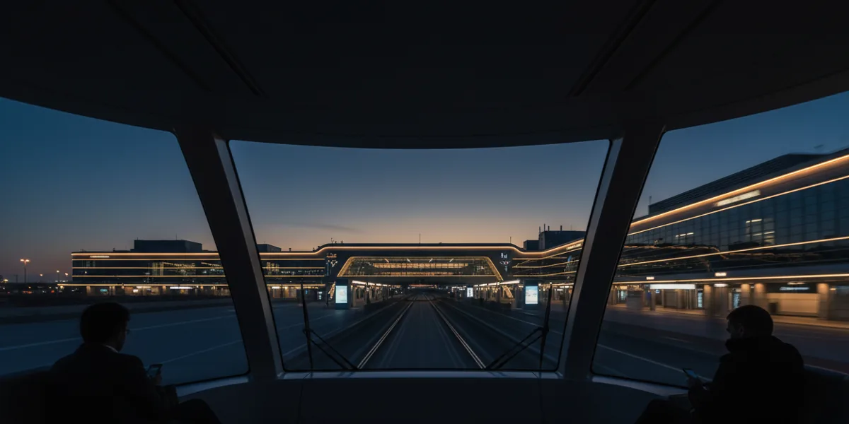 View from an airport transit train approaching a glowing terminal station at dusk.