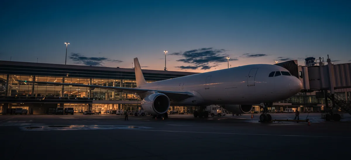 A plain white wide-body airliner parked at a terminal gate under a clear blue sky.