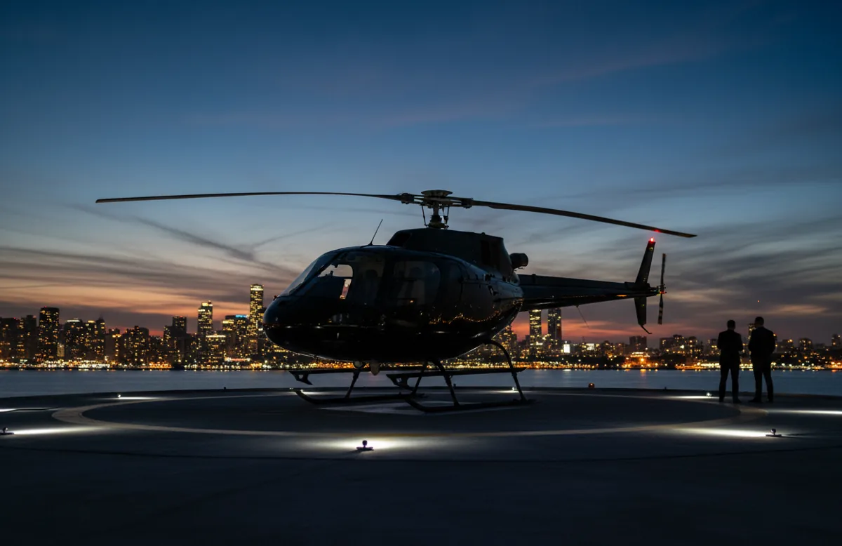 A helicopter on a helipad at dusk with a city skyline in the background.