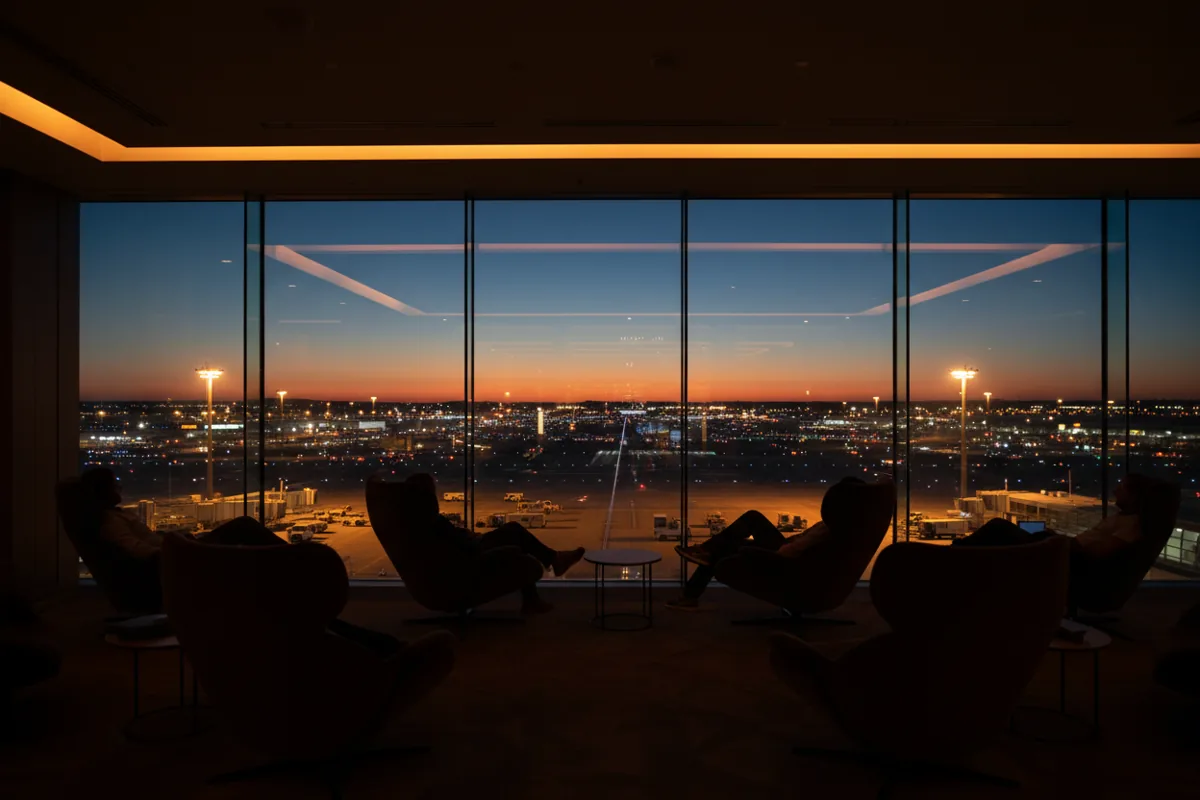 People relaxing in a modern airport lounge, looking out at the airfield at dusk.