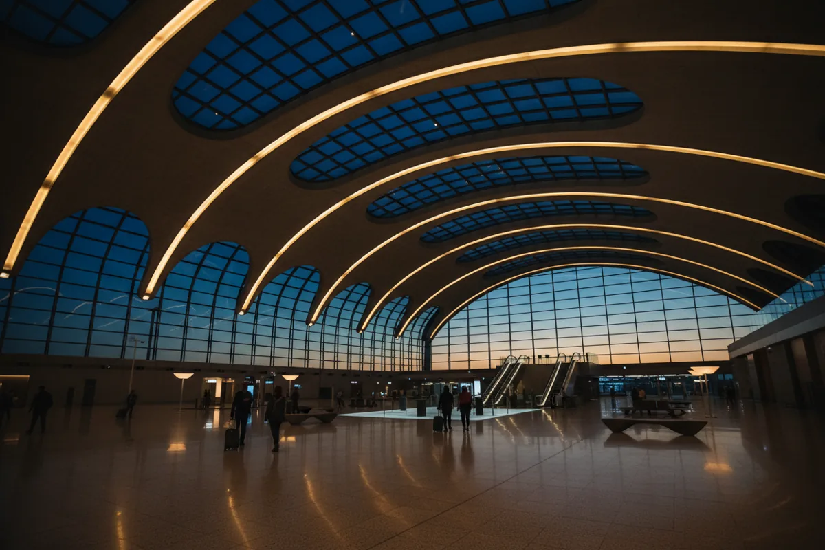 The modern architectural ceiling of a large airport terminal concourse at twilight.