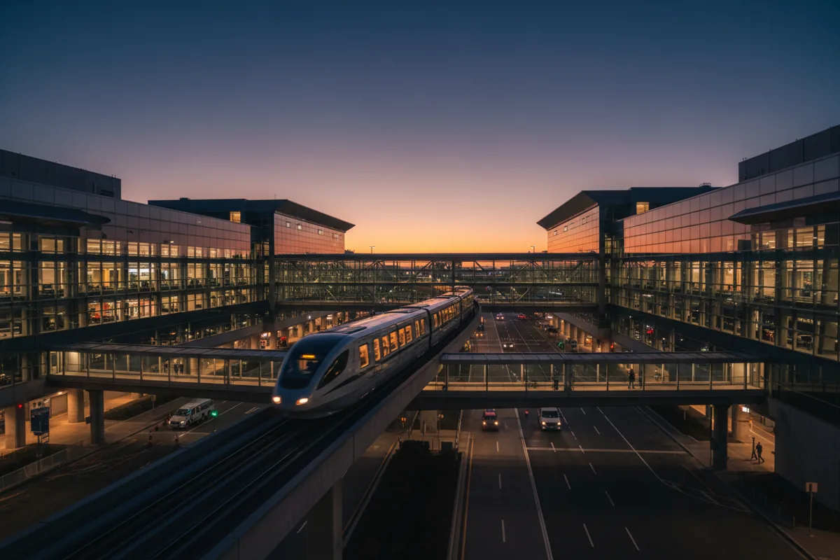 An illuminated airport shuttle train moving on an elevated track between terminals at night.