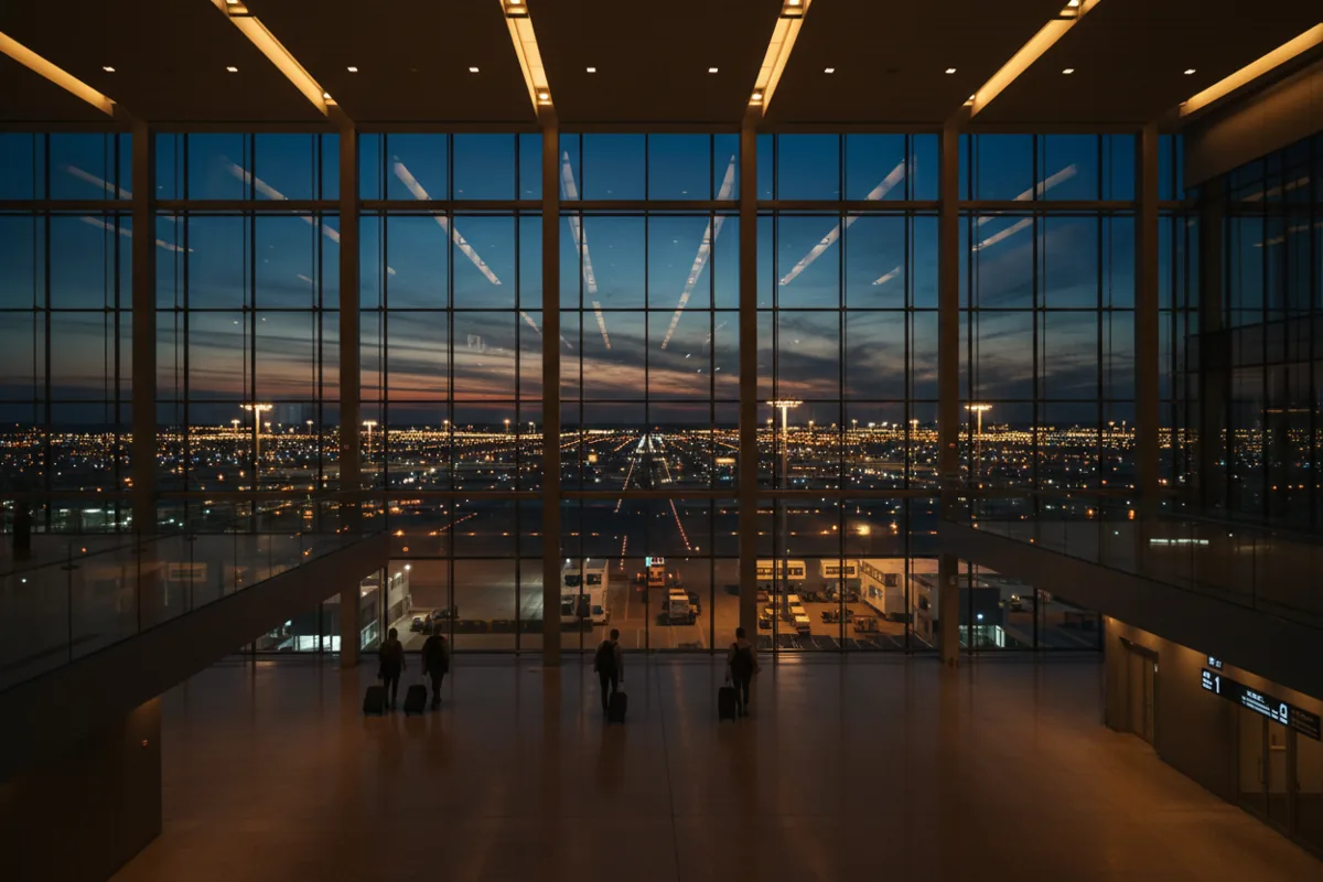 Silhouettes of travelers in a modern airport terminal at dusk.