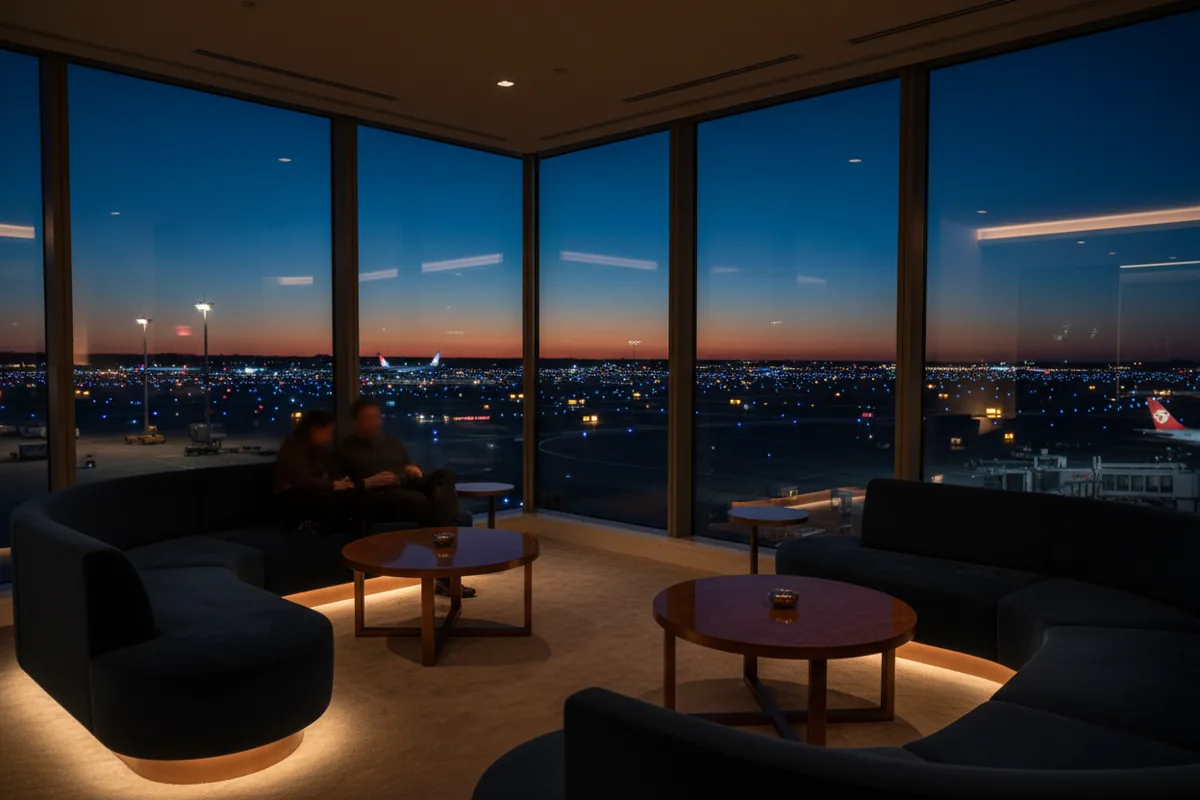 A modern airport lounge with a view of the airfield at night.