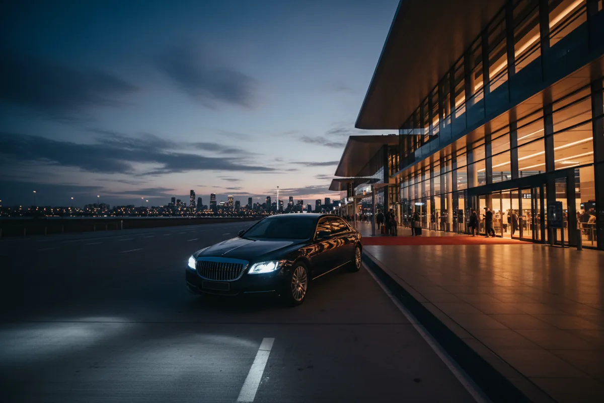 A luxury car waiting outside an airport terminal at night.