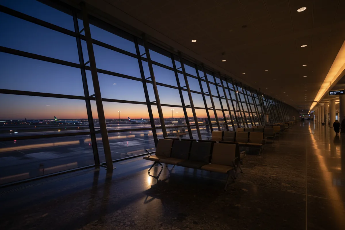 An empty airport departure lounge with rows of seats facing large windows overlooking the tarmac on a sunny morning.