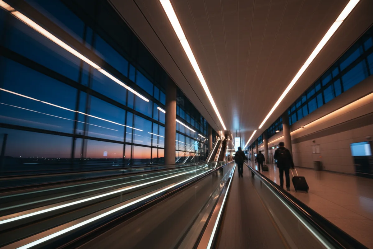 View from an airport escalator showing blurred lights and silhouetted travelers, conveying motion.