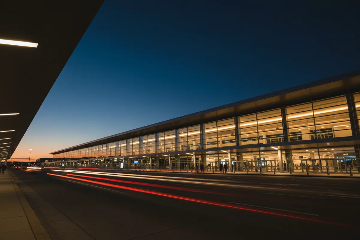The exterior of a glowing airport terminal at twilight, with light trails from cars on the departures roadway.