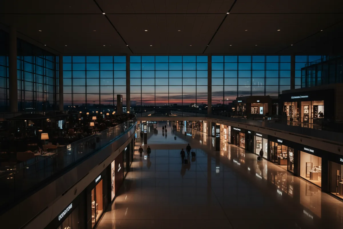 A wide view of a modern, spacious airport terminal concourse at dusk with a few travelers.