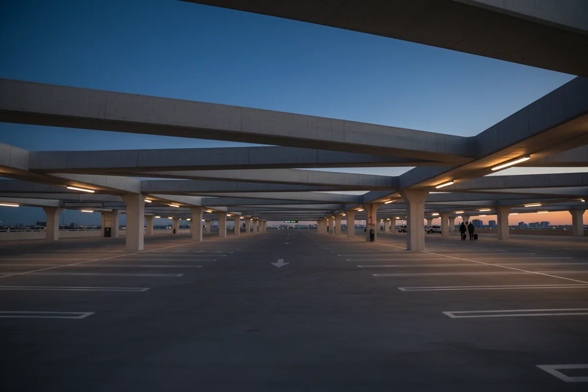 An empty, well-lit airport parking garage with numbered spaces and concrete pillars.